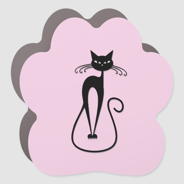 Whimsical Skinny Black Cat Pink Car Magnet (Front)