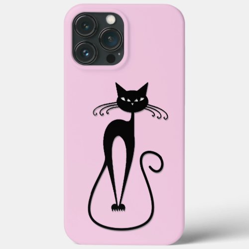 Whimsical Skinny Black Cat Pink iPhone 13 Pro Max Case