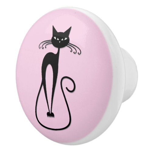 Whimsical Skinny Black Cat Pink Ceramic Knob