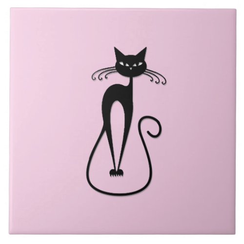 Whimsical Skinny Black Cat Pink Ceramic Tile