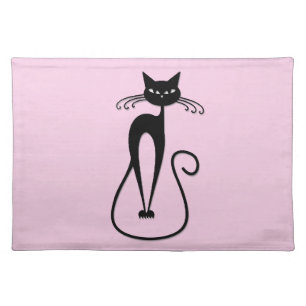 Whimsical Skinny Black Cat Pink Cloth Placemat