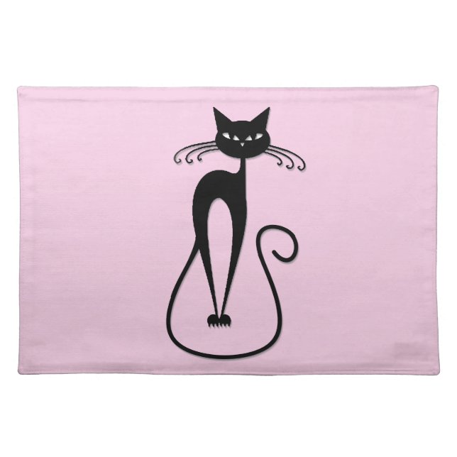 Whimsical Skinny Black Cat Pink Cloth Placemat (Front)