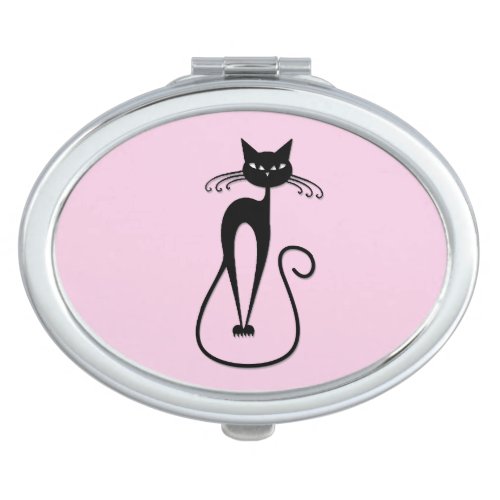 Whimsical Skinny Black Cat Pink Compact Mirror