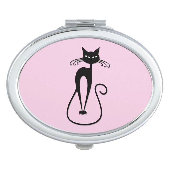 Whimsical Skinny Black Cat Pink Compact Mirror (Front)