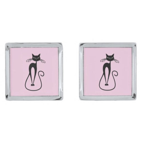 Whimsical Skinny Black Cat Pink Cufflinks