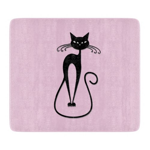 Whimsical Skinny Black Cat Pink Cutting Board