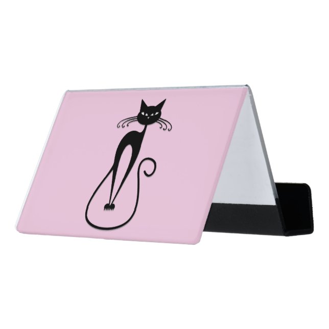 Whimsical Skinny Black Cat Pink Desk Business Card Holder (Angled Back)