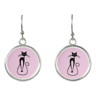 Whimsical Skinny Black Cat Pink Earrings