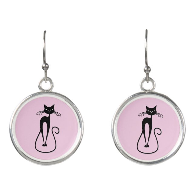 Whimsical Skinny Black Cat Pink Earrings (Front)