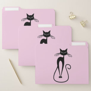 Whimsical Skinny Black Cat Pink File Folder