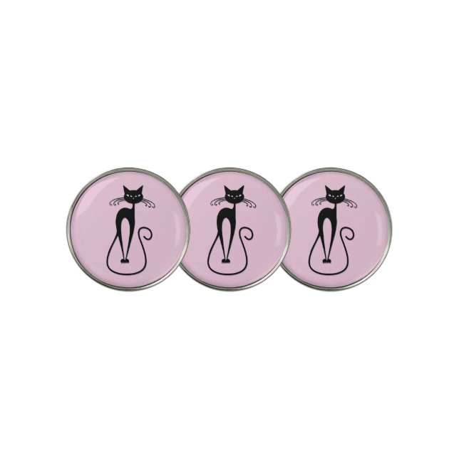 Whimsical Skinny Black Cat Pink Golf Ball Marker (3 Up)