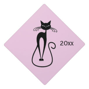Whimsical Skinny Black Cat Pink  Graduation Cap Topper