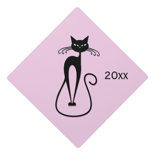 Whimsical Skinny Black Cat Pink  Graduation Cap Topper (Front)