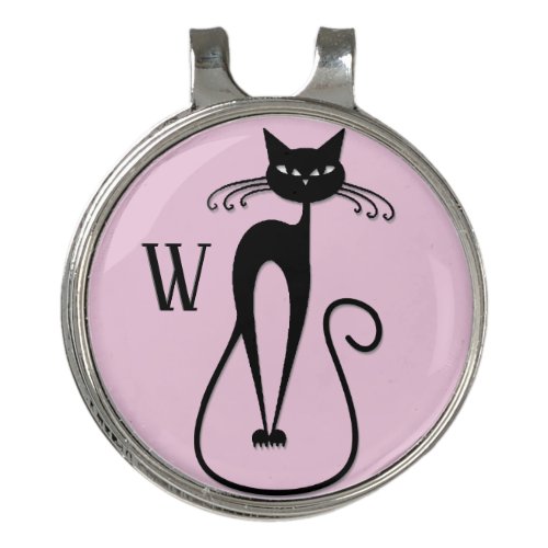 Whimsical Skinny Black Cat Pink Initial Golf Hat Clip
