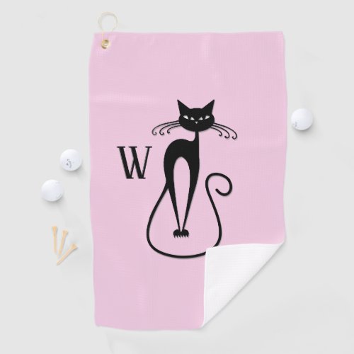 Whimsical Skinny Black Cat Pink Initial Golf Towel