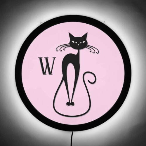 Whimsical Skinny Black Cat Pink Initial LED Sign