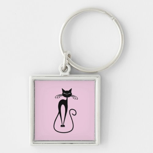 Whimsical Skinny Black Cat Pink Keychain