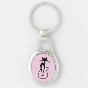 Whimsical Skinny Black Cat Pink Keychain
