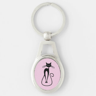 Whimsical Skinny Black Cat Pink Keychain