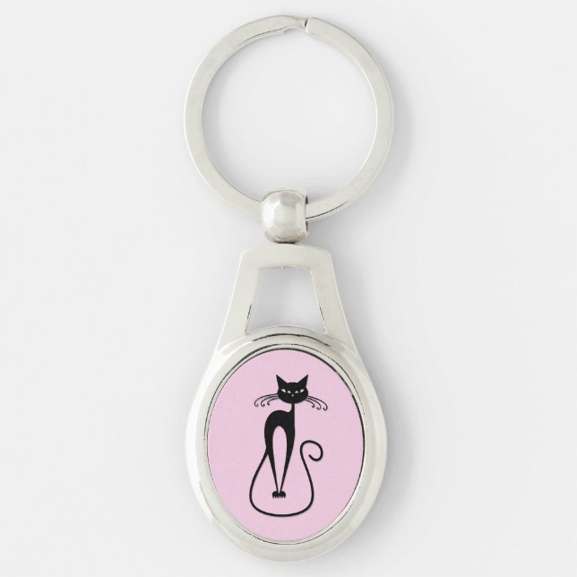 Whimsical Skinny Black Cat Pink Keychain (Front)