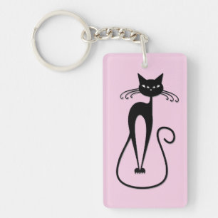 Whimsical Skinny Black Cat Pink Keychain