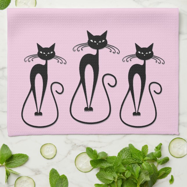 Whimsical Skinny Black Cat Pink Kitchen Towel (Folded)