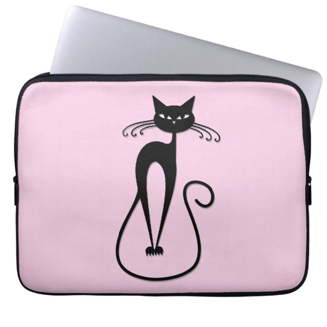 Whimsical Skinny Black Cat Pink Laptop Sleeve (Front)