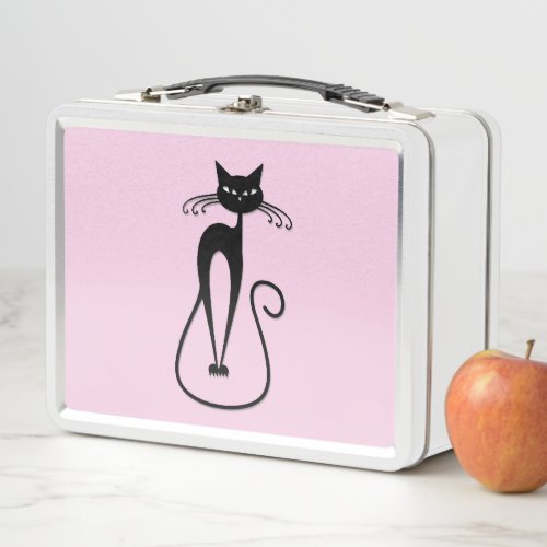 Whimsical Skinny Black Cat Pink Metal Lunch Box