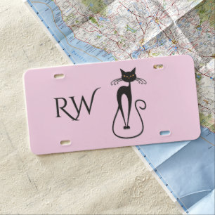 Whimsical Skinny Black Cat Pink Monogram License Plate