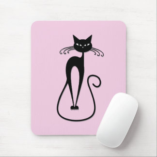 Whimsical Skinny Black Cat Pink Mouse Pad