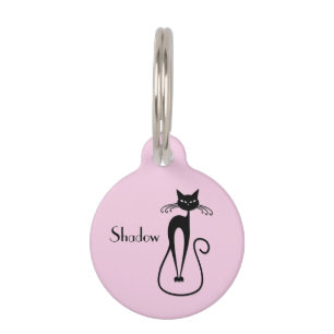 Whimsical Skinny Black Cat Pink Name Pet ID Tag