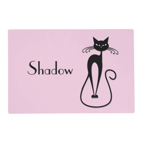 Whimsical Skinny Black Cat Pink Name Placemat