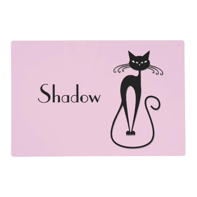 Whimsical Skinny Black Cat Pink Name Placemat (Front)