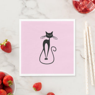 Whimsical Skinny Black Cat Pink Napkins