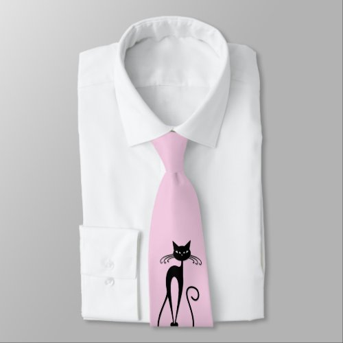 Whimsical Skinny Black Cat Pink Neck Tie