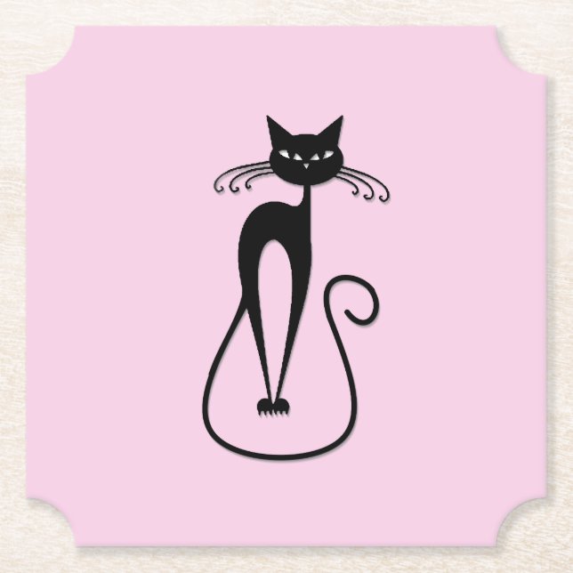 Whimsical Skinny Black Cat Pink Paper Coaster (Front)