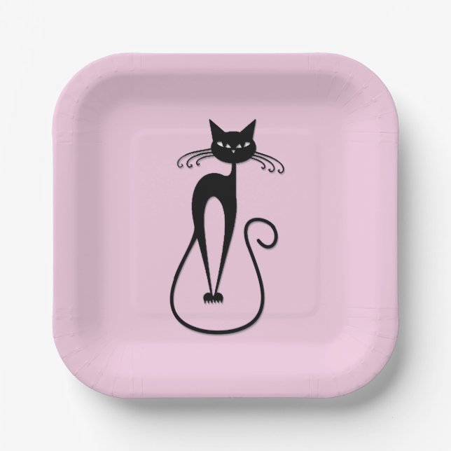 Whimsical Skinny Black Cat Pink Paper Plates (Front)