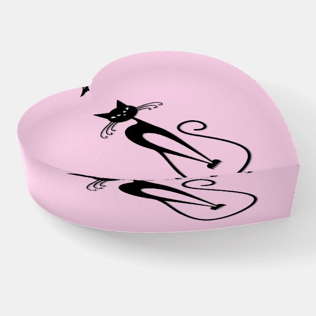Whimsical Skinny Black Cat Pink Paperweight (Angled)