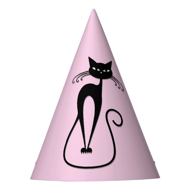 Whimsical Skinny Black Cat Pink Party Hat (Front)