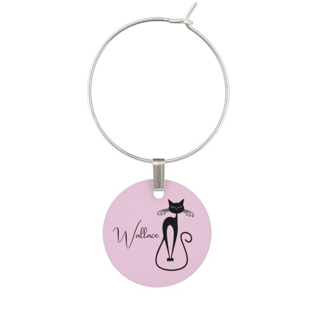 Whimsical Skinny Black Cat Pink Personal Wine Charm (Front)