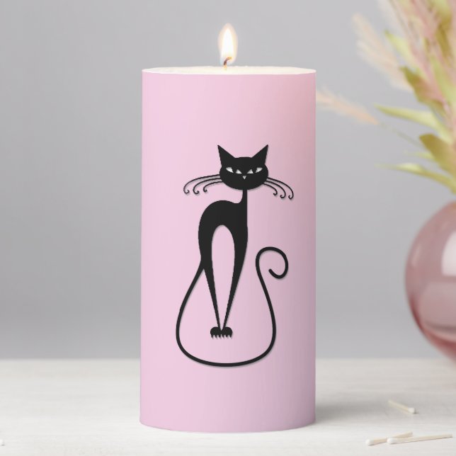 Whimsical Skinny Black Cat Pink Pillar Candle (In Situ)