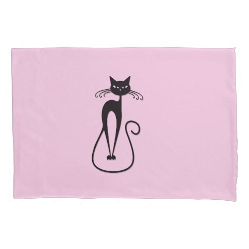 Whimsical Skinny Black Cat Pink Pillow Case