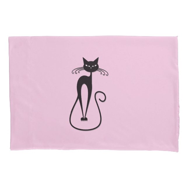 Whimsical Skinny Black Cat Pink Pillow Case (Front)