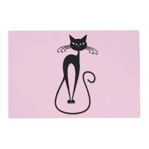 Whimsical Skinny Black Cat Pink Placemat