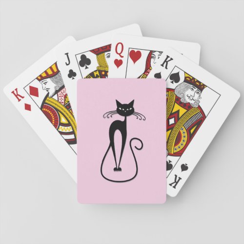 Whimsical Skinny Black Cat Pink Playing Cards