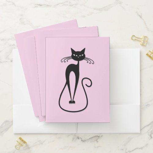 Whimsical Skinny Black Cat Pink Pocket Folder