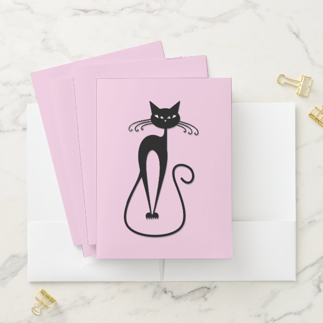 Whimsical Skinny Black Cat Pink Pocket Folder (In Situ)