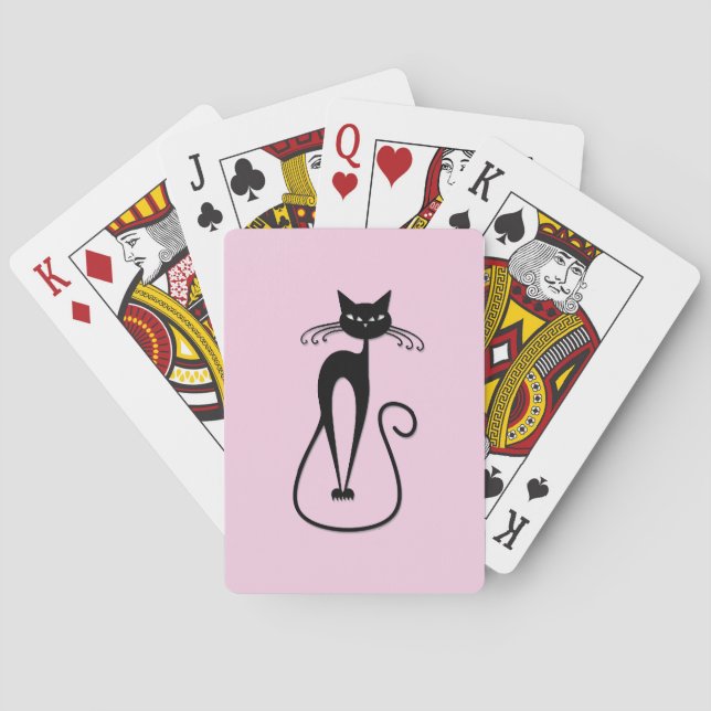 Whimsical Skinny Black Cat Pink Poker Cards (Back)