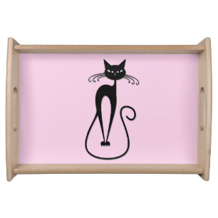 Whimsical Skinny Black Cat Pink Serving Tray