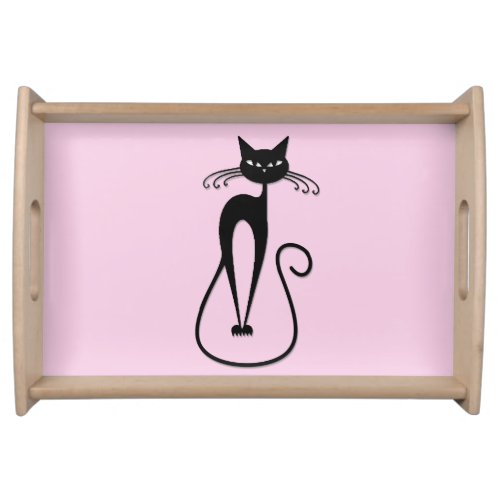 Whimsical Skinny Black Cat Pink Serving Tray